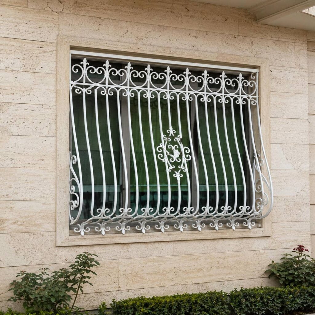 نصب حفاظ پنجره سفید طلایی روی قاب سنگی