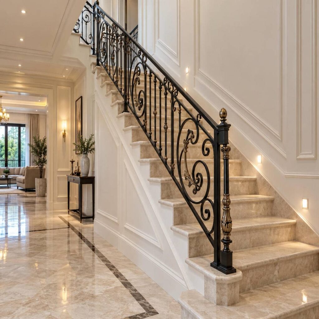 جزئیات اتصال هندریل برنزی روی پله معلق